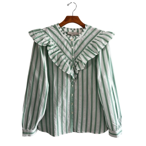 LOFT Green & White Striped Ruffle Blouse Size Xl - Picture 2 of 10